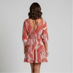 NWT Neiman Marcus Red White Abstract Stripe V-Neck Mini Dress | Size L thumbnail 2
