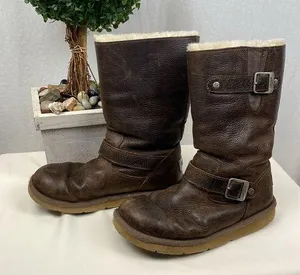 Ugg Brown Leather 5678 Kensington Biker Moto Fleece Lined Calf Height Boots 7 thumbnail 1