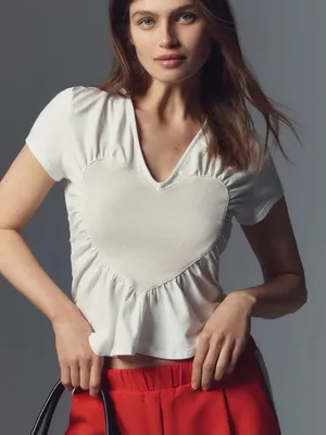 Maeve Heart Embellished V-Neck Tee in white NWT S thumbnail 1