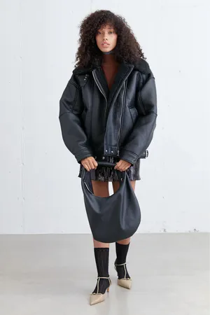 Oak + Fort Black Faux Leather Jacket with Shearling Collar thumbnail 2