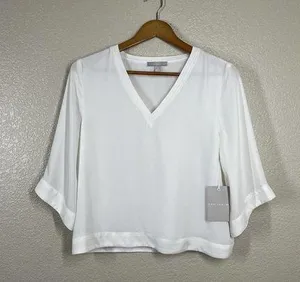 Chelsea28 XS Ivory Rib Trim Top V- Neck Flowy thumbnail 1