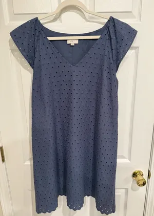 LOFT Navy Eyelet V-Neck Midi Dress‎ thumbnail 1