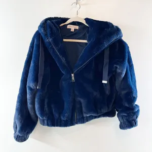 Philosophy Full Zip Hooded Faux Fur Jacket Navy Blue Small thumbnail 1