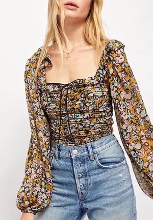 Free People Mabel Printed Blouse Black‎ Multi Floral Ruched Puff Sleeve Medium thumbnail 1