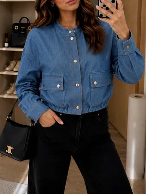 Zara NWT navy blue denim print pocket front bomber jacket thumbnail 1