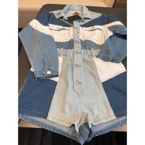 Signature 8 Women Multi Tone Denim Colorblock Romper Long Sleeve Blue Small NEW thumbnail 5