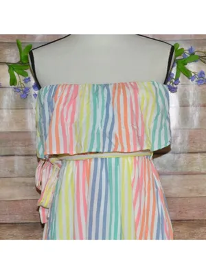 Emily Wonder Strapless Rainbow Stripe Ruffle Maxi Dress Size L Cruise Resort thumbnail 2