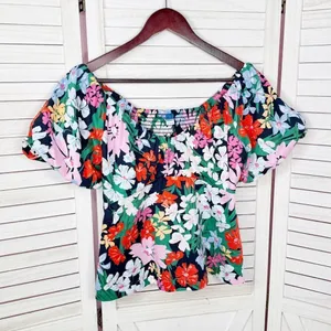 Old Navy Floral Puff Sleeve Peplum Flared Hem V‎ Neck Top Shirt Blue Multi Small thumbnail 8