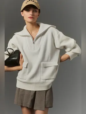 Anthropologie by English Factory Quarter zip Knit Sweater pocket front Size S thumbnail 6