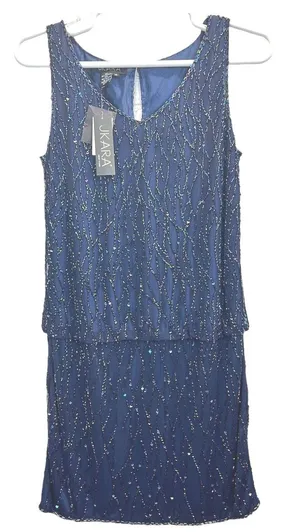 J Kara Beaded Sleeveless Popover Sheath Dress Iridescent Sequin Navy‎ Size 14 thumbnail 1