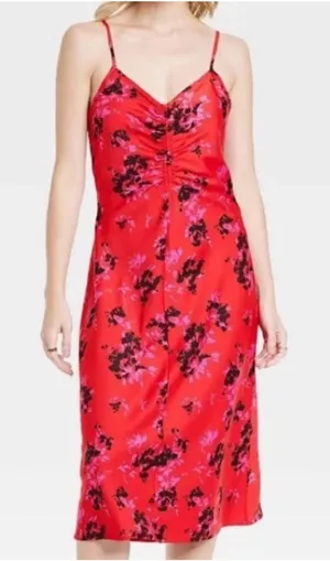 A New Day Womens Red Floral Satin Ruched Midi Slip Dress Large‎ thumbnail 1