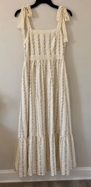 Cream Floral Cotton Maxi Dress Lace Tie Cottagecore Tiered Ruffle M thumbnail 1
