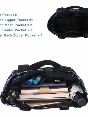 Waterproof Tote Bag Zip Top Multi Pocket Travel Work School Floral Navy thumbnail 3