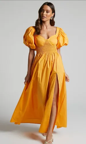 Showpo Raiza Shirred Waist Puff Sleeve Midi Dress in MARIGOLD 2 NWT thumbnail 1