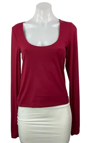 Aritzia Wilfred Womens Red Scoop Neck Long Sleeve Stretch T Shirt Tee Top Size M thumbnail 1