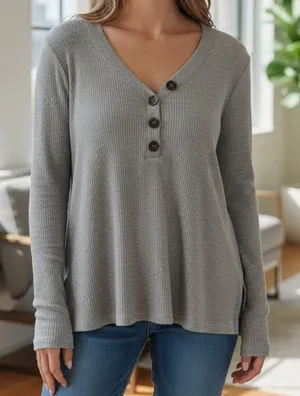 Cable & Gauge‎ Women's Size Small V-Neck Pullover Sweater Gray Ribbed Buttons thumbnail 1