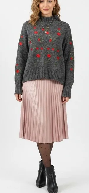 Umgee Floral Embroidered Mock Neck Sweater Women Gray Cottagecore Cozy‎ Boxy thumbnail 1
