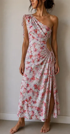 Hello Molly Mint Floral One Shoulder Ruched Cut Out Maxi Dress Size 4 thumbnail 1
