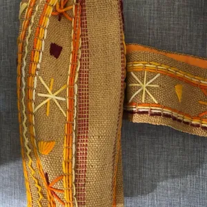 Vintage Burlap Tote Bag Embroidered Tan Orange Cream thumbnail 6