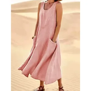 Sleeveless 100% Cotton Midi Dress with Pockets Pink Red size 14 thumbnail 2