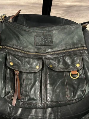 Fossil Dark black Leather Satchel with Brass Zipper Detail thumbnail 1