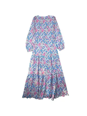 V-Neck Paisley Print Maxi Dress With Long Sleeves Pink & Blue Lightweight Fabric thumbnail 4