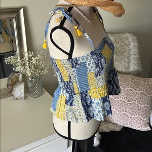 Natural life blue yellow boho floral patchwork smocked ruffle hem tops L XL​ thumbnail 13