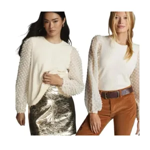 Anthropologie Maeve Textured Long Sheer Sleeve Ivory Top Blouse Feminine Small thumbnail 2
