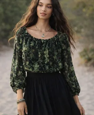 BY ANTHROPOLOGIE Off-Shoulder Burnout Velvet Blouse Green Floral Sz XLarge thumbnail 1