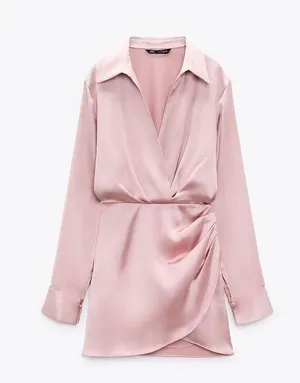 mini dress satin effect drapped long sleeve pink party wedding coctail thumbnail 10