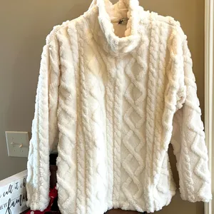 Eddie Bauer So Comfy Blanket Sweater Turtleneck Off White Cable Knit Fleece New thumbnail 11