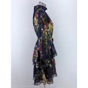 Alex Marie Floral Chiffon Smocked Mock Neck Sheer Sleeve Dress Navy 8 thumbnail 7