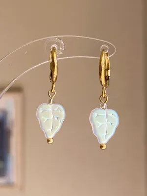 Handmade fairy cottage dainty simple Czech glass leaf dangle earrings🍃🩵 thumbnail 7