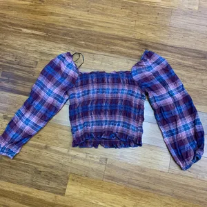 Love Tree Smocked Plaid Square Neck Long‎ Sleeve Crop Top Women's Size Medium thumbnail 4