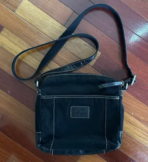 Fossil Black Canvas Leather Purse Bag Silver Hardware Key 10x11 Long Strap Y2K thumbnail 1