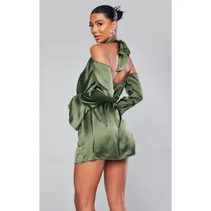 New PRETTYLITTLETHING Khaki Satin Cowl Cold Shoulder Bodycon MiniDress‎ Green 4 thumbnail 3