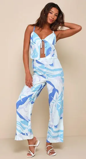 Lulus Blue Multi Print Linen Set thumbnail 1
