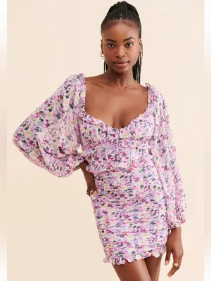 ASTR The Label Floral Ruched Puff Sleeve Mini Dress Purple Sz L Fairy Whimsical thumbnail 1