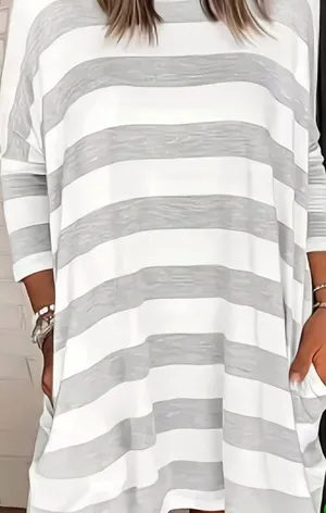 NWOT Women's Plus Size Casual Mini Shirt Dress Gray & White Stripes 2 Pockets thumbnail 1