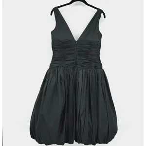 I ssue Black Ruched Taffeta Bubble Hem Dress Women 6 V Neck Y2K Cocktail Party thumbnail 2