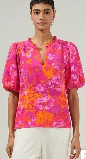 Sugarlips Flirty Floral Split Neck Blouse Top Womens Size Medium Orange Pink NEW thumbnail 1