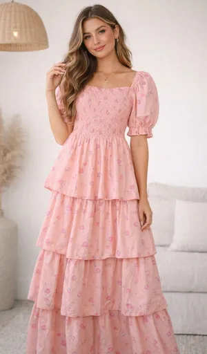 LoveShackFancy Target Pink Floral Smocked Tiered‎ Maxi Dress XXS Cottagecore thumbnail 1