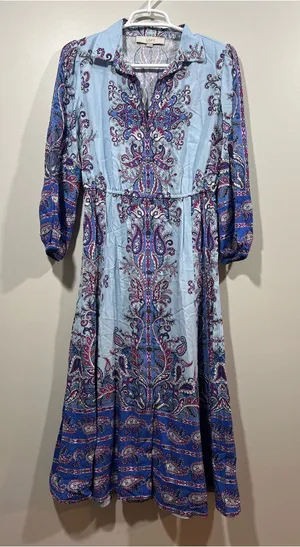 LOFT Light Blue & Blue Paisley Button Front Midi Dress Size XS thumbnail 1