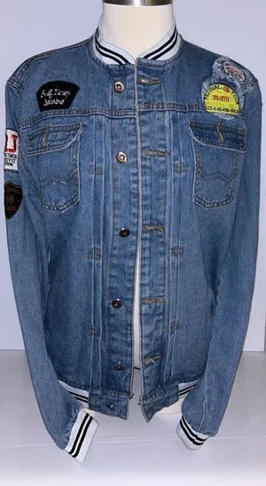 Denim Varsity Jacket Button Front Patches Pockets Size Medium Y2K Retro Vibe Blue thumbnail 1