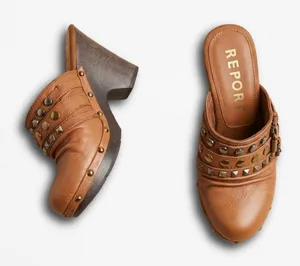 Report Tan Leather Studded Buckle Clogs Wood‎ Block Heel Mules Womens 7 thumbnail 1