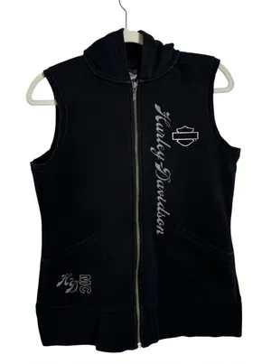 Harley Davidson Hooded Sweatshirt Vest Zip Up Rhinestone Y2K Black Medium thumbnail 1