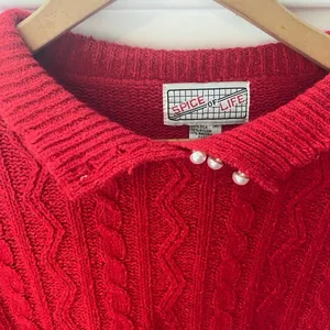 80s Vintage Red Angora Silk Sweater M Cable Knit Pearl Buttons Retro Twee Preppy thumbnail 8