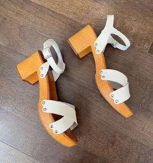 Mia white ankle strap wood block platform heel clog sandal 7.5 thumbnail 1