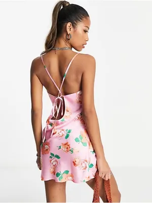 Reclaimed Vintage Pink Rose Satin Mini Dress Tie Back Size US 6 thumbnail 2