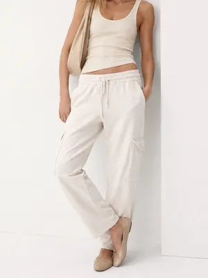 Zara Cream Cargo Sweatpants Women’s M Wide Leg Drawstring Utility Lounge Pants thumbnail 3